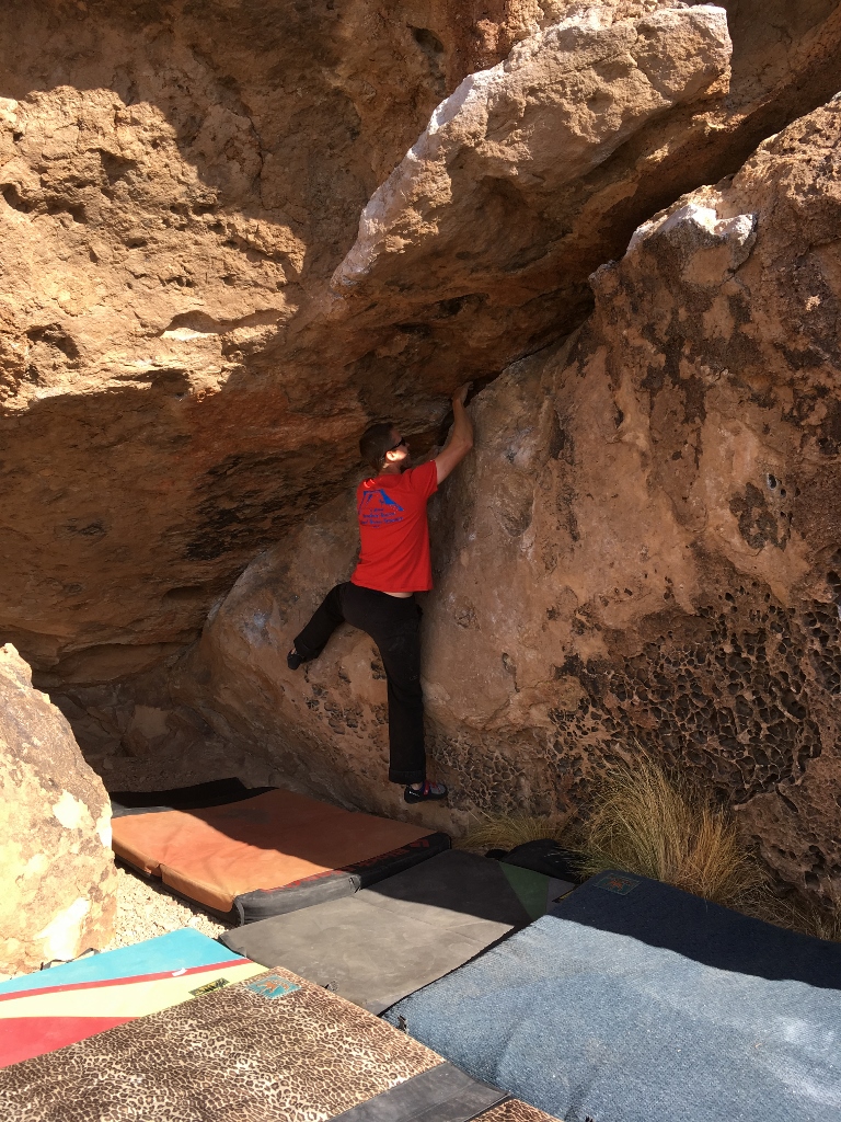 Tommy giving it a go from the bottom traverse...